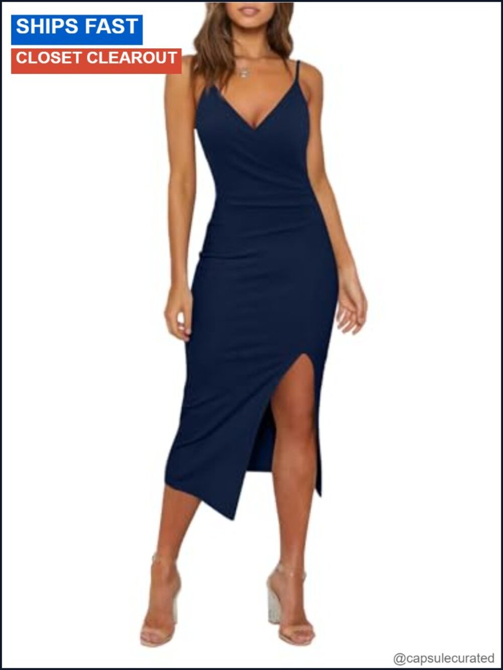 Sexy V Neck Spaghetti Strap Bodycon Cocktail Party Wedding Guest Dress